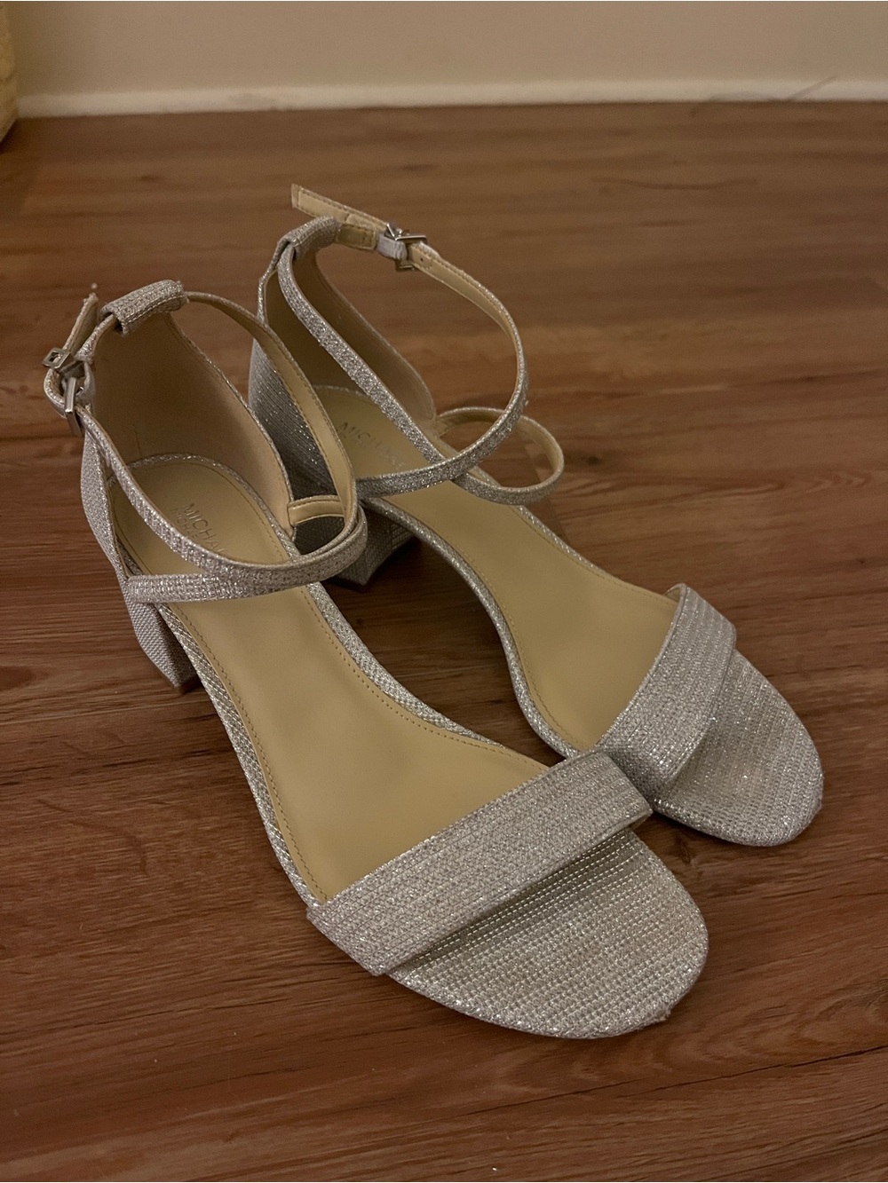 MICHAEL Michael Kors Silver Glitter Block Heel
Ankle Strap Sandals